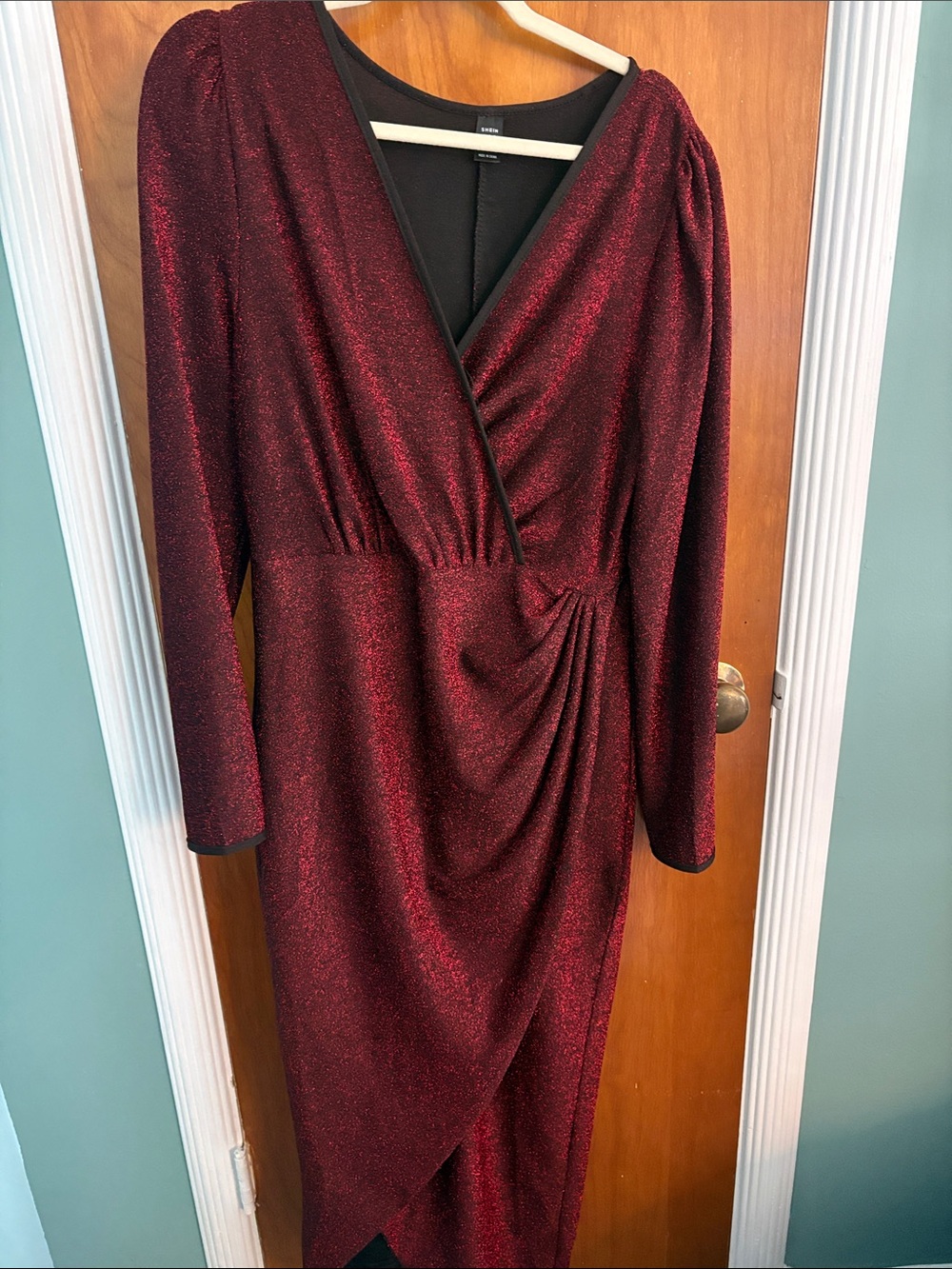 SHEIN Metallic Burgundy Wrap Midi Dress
